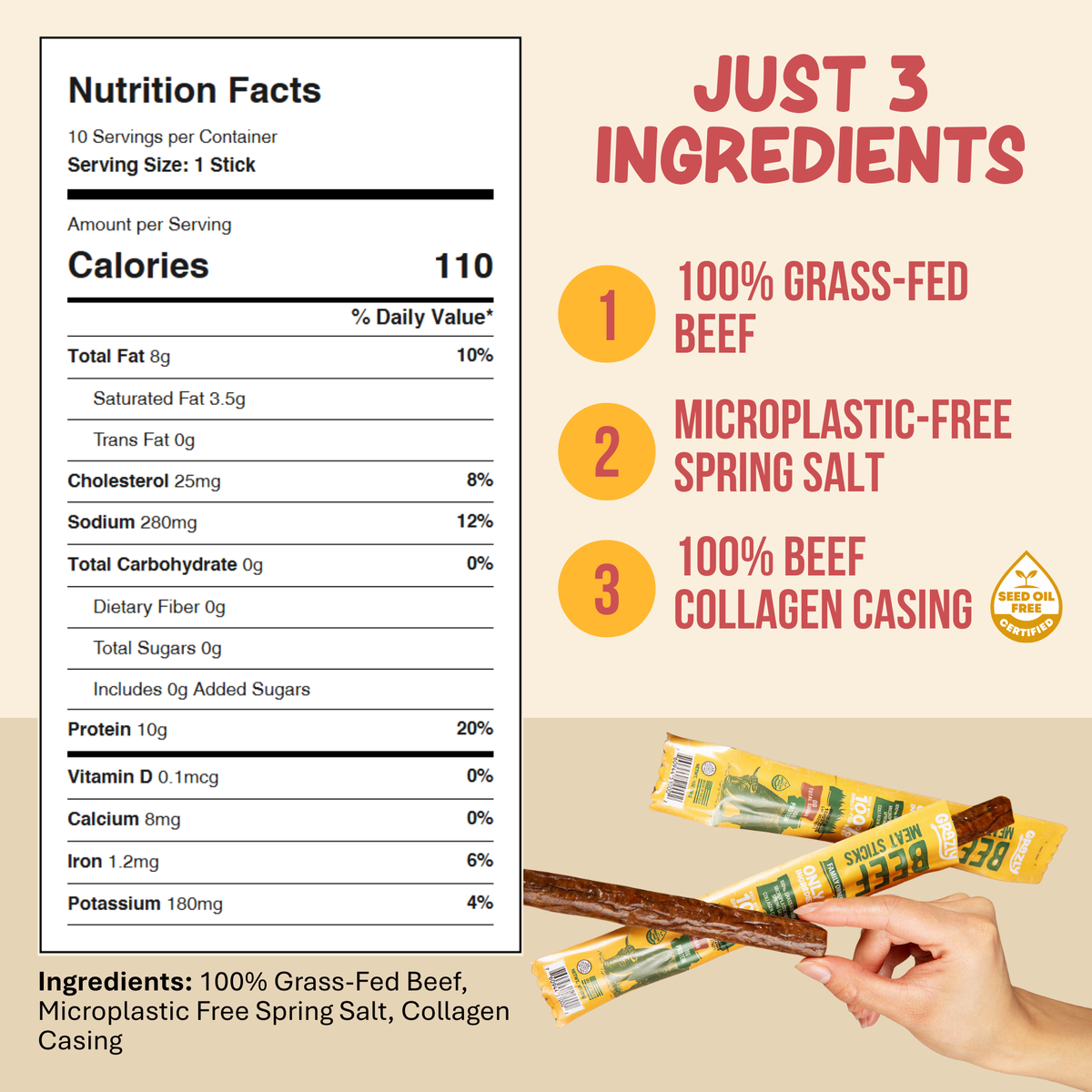 Plain Beef Meat Sticks - 100% Grass-Fed & Finished