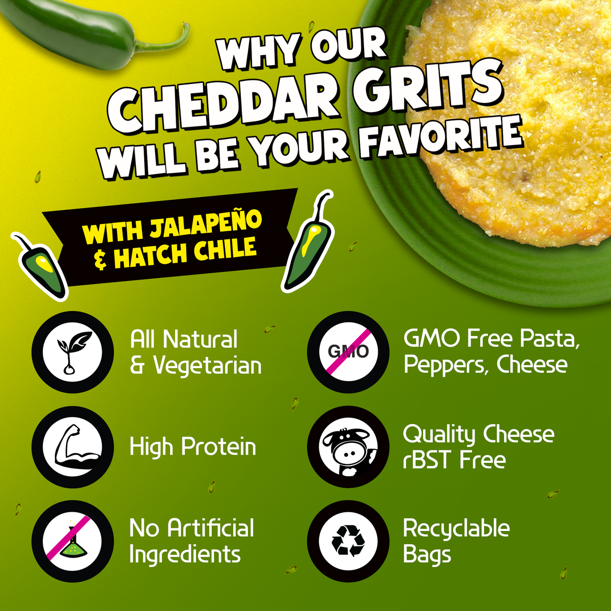 Jalapeño, Hatch Green Chile, Cheddar Grits